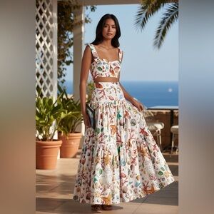 Commense White Seashell & Coral Print Asymmetrical Maxi Set